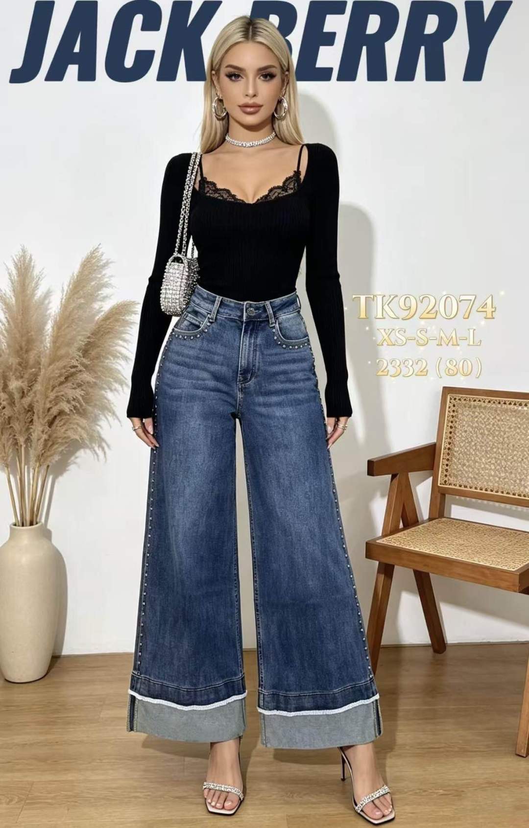 Džíny Wide Leg s Kovovými Cvočky